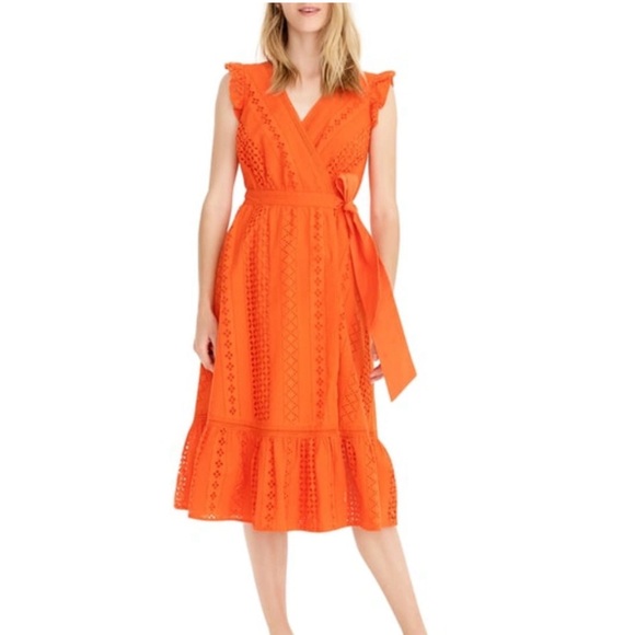 J.Crew All Over Eyelet Wrap Midi Resort Orange Dress S - Picture 2 of 9
